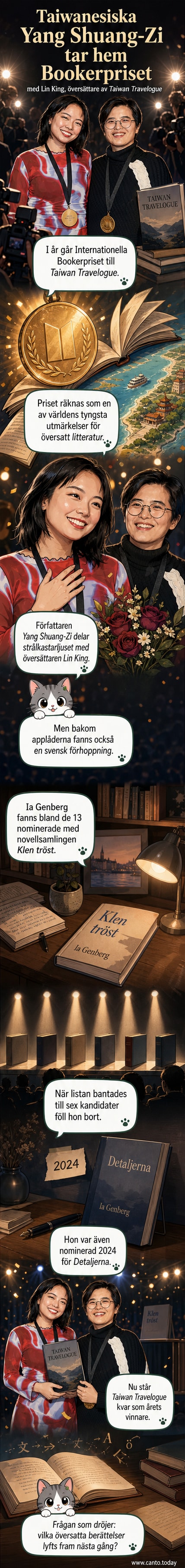 Författaren Yang Shuang-Zi och översättaren Lin King står tillsammans på scen under Bookerprisets prisutdelning, båda ler mot kameran.