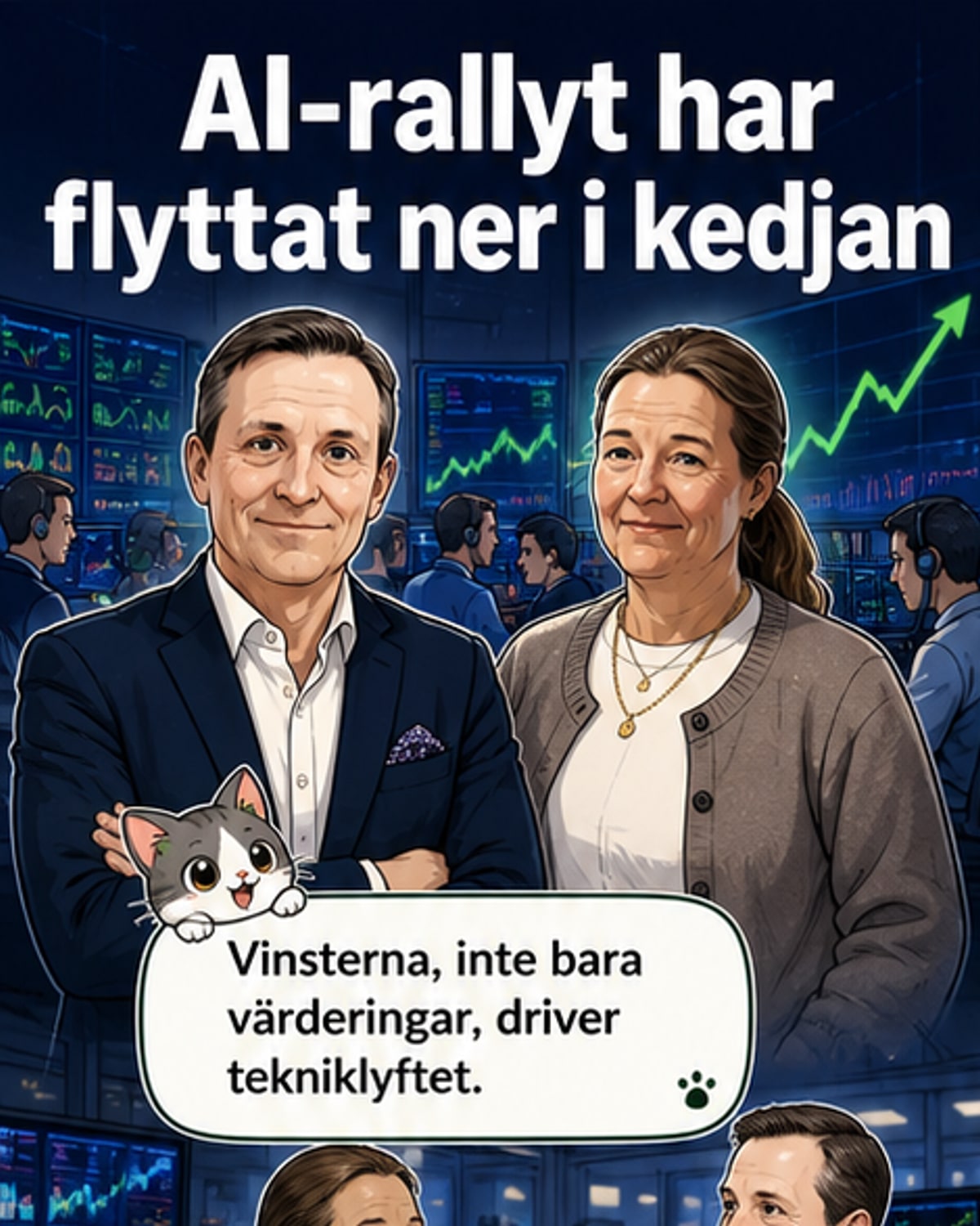 Illustration av en datacenterbyggarbetsplats med chip och kretskort i bakgrunden, symboliserande AI-boomens bredare ekonomiska påverkan.