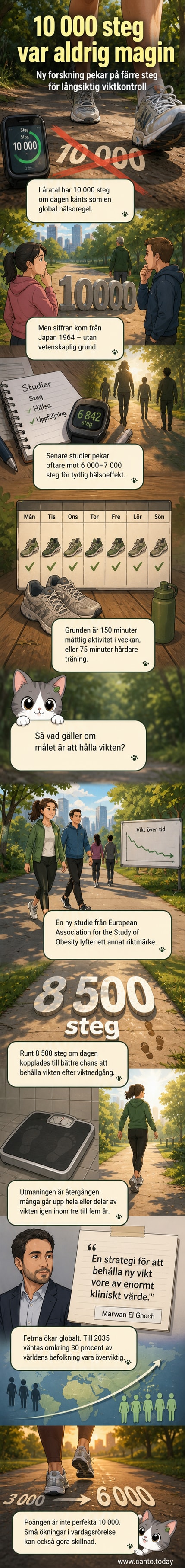 En person går i solskenet på en stig, med en smartklocka på handleden som visar stegantalet. I bakgrunden syns en graf som visar minskad viktnedgångstrend.