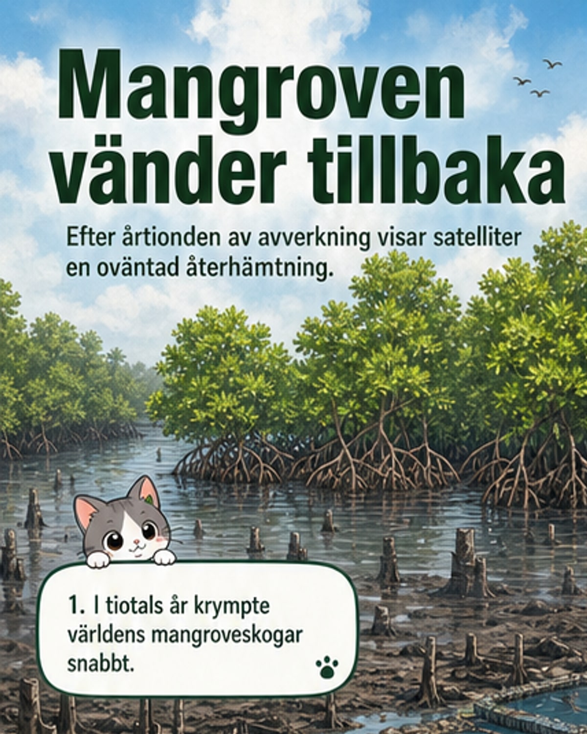 En nyåterväxande mangroveskog vid kusten under soligt väder, med träd som sprider ut rötter i vatten och ler.