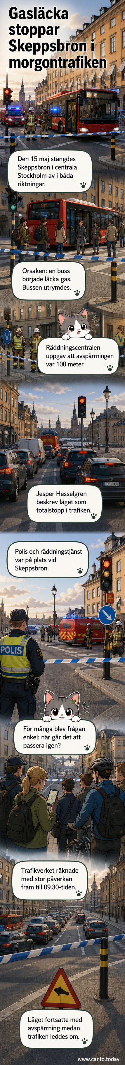 En buss står stilla på Skeppsbron i Stockholm, omgiven av polis och räddningspersonal med blåljus tända.
