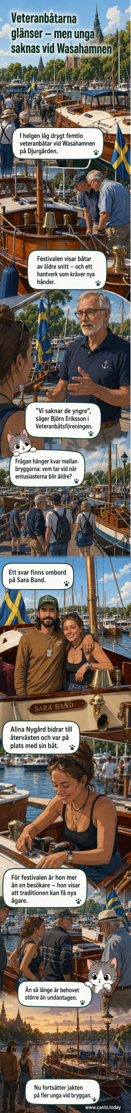 En kvinna står ombord på en gammaldags båt med segel vid Djurgården under soligt väder, med andra båtar i bakgrunden.