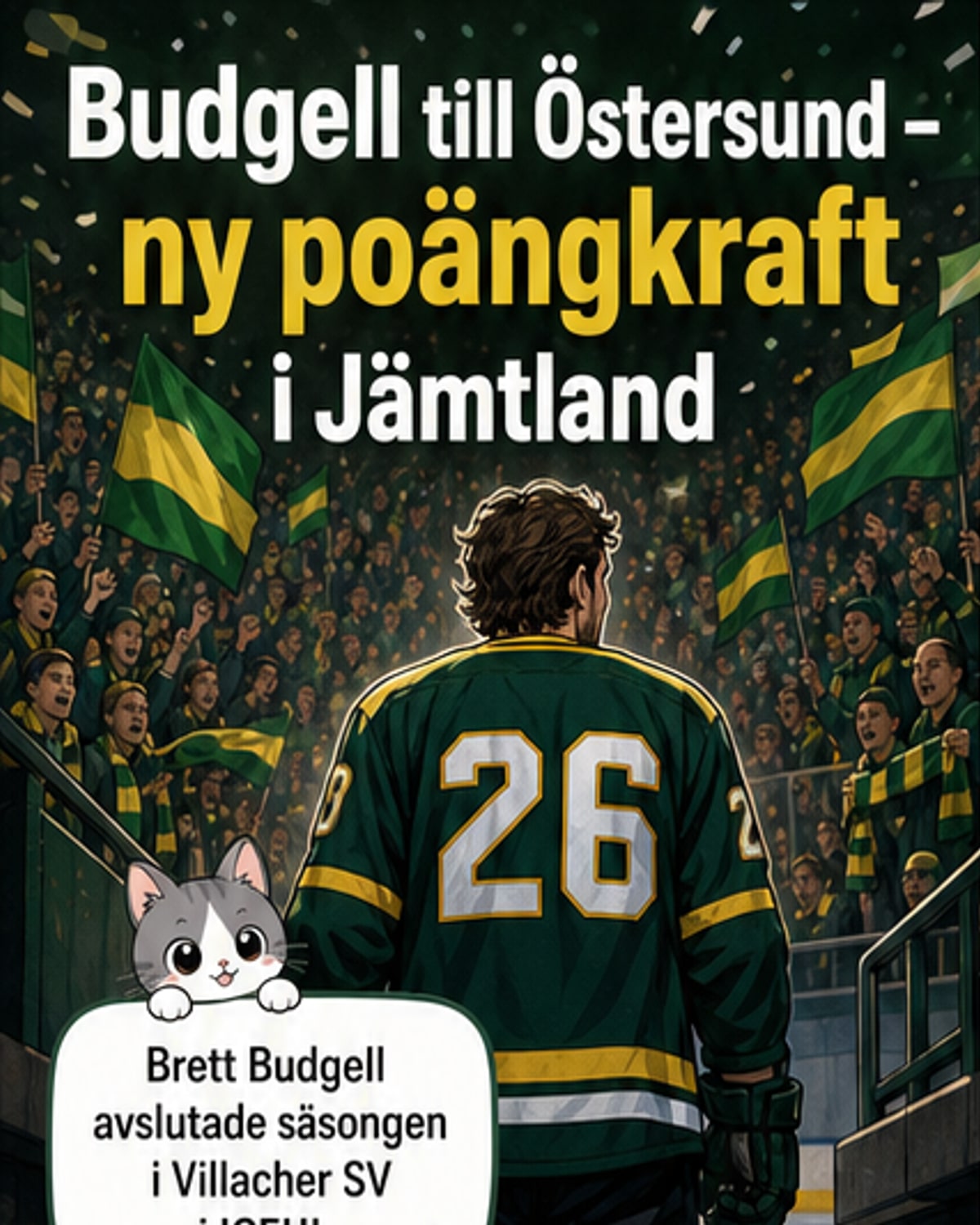 Översikt av Brett Budgell i speltröja med Östersunds IK-logga, omgiven av lagkamrater på isen.