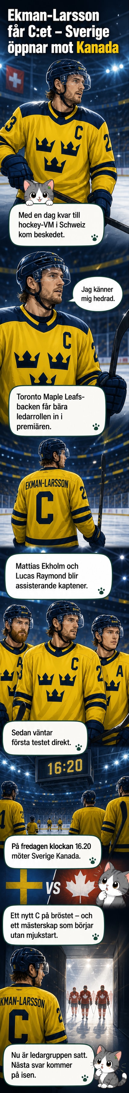 Oliver Ekman-Larsson i Tre Kronor-dress med lagkaptenens band på armen, stående på isen under ett VM-träningspass.