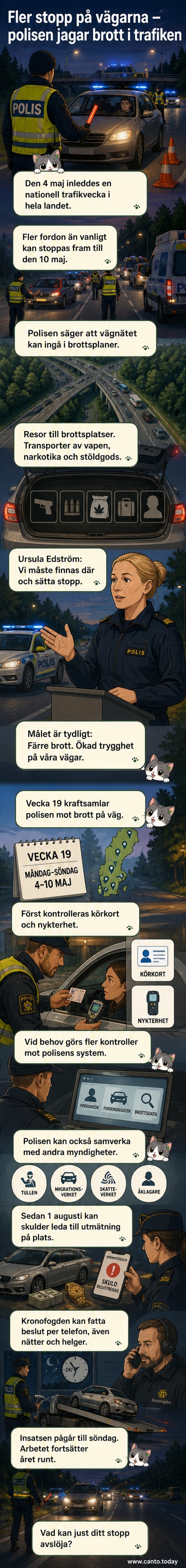 Polisbilar vid vägkontroll under dagtid på en landsväg i Sverige, med uniformerade poliser som kontrollerar ett fordon.