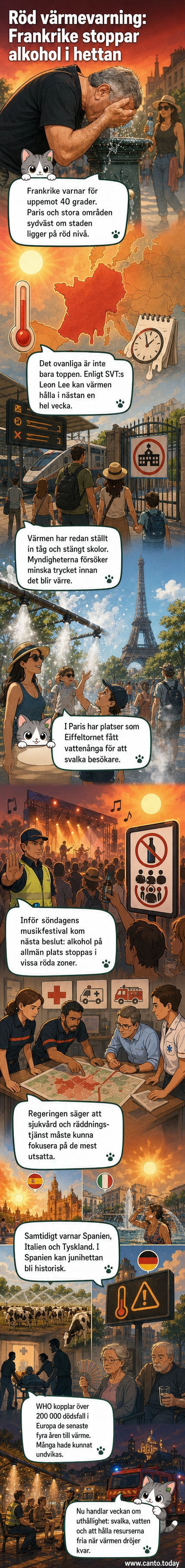 Illustration av en het stadsscen i Frankrike med röd värmevarning, kylsystem vid Eiffeltornet och skyltar med alkoholförbud.