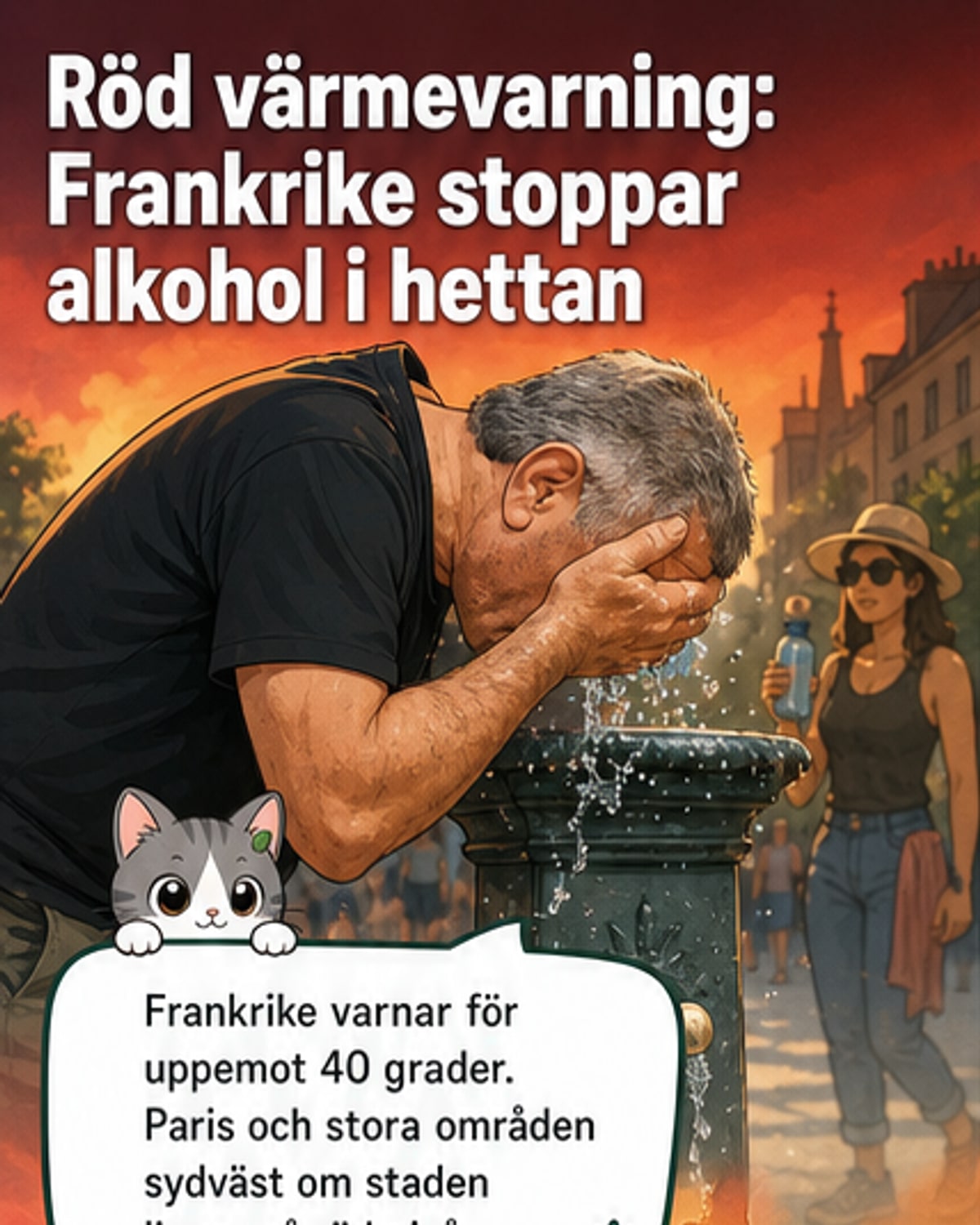 Illustration av en het stadsscen i Frankrike med röd värmevarning, kylsystem vid Eiffeltornet och skyltar med alkoholförbud.