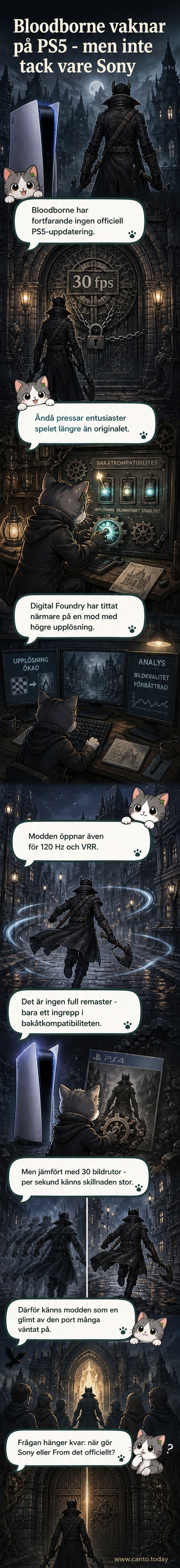 En skärmdump från Bloodborne på PS5 med mod som visar förbättrad upplösning och 120 Hz-stöd.