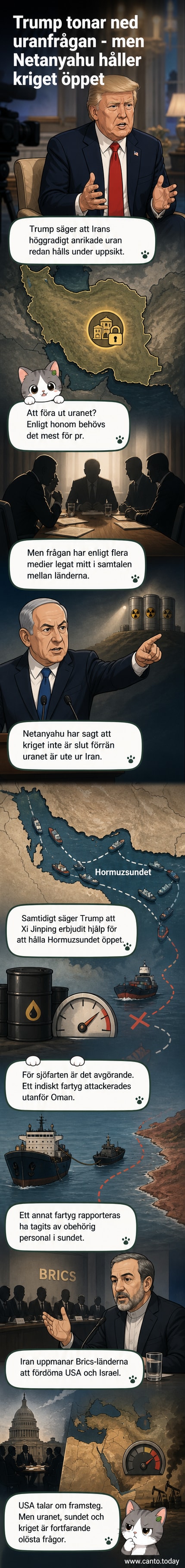Illustration av Mellanöstern-konflikten med symboler för kärnenergi, drönare och oljefartyg vid Hormuzsundet