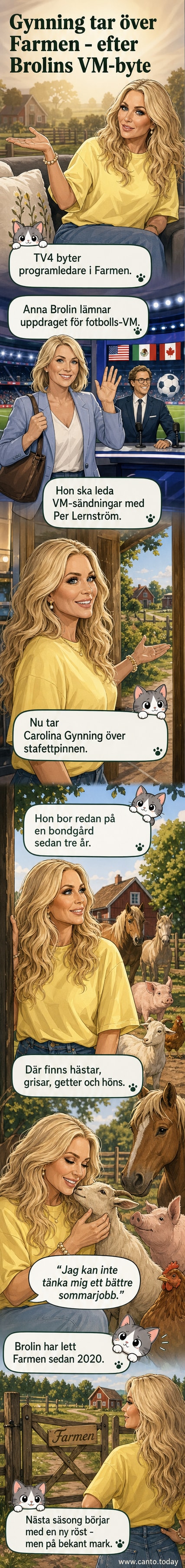 Carolina Gynning står leende utanför en lada på sin bondgård med en häst i bakgrunden.