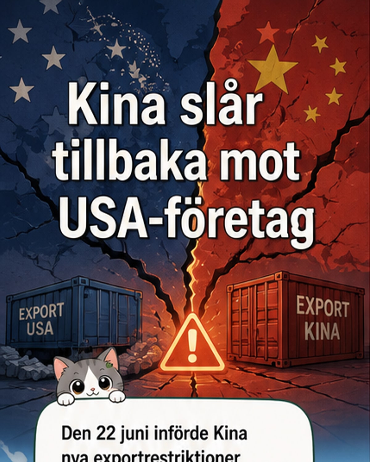 Illustration av Kinas flagga bredvid en stängd port med etiketter från amerikanska företag som Lockheed Martin och MP Materials, med en hand som stoppar en leverans.