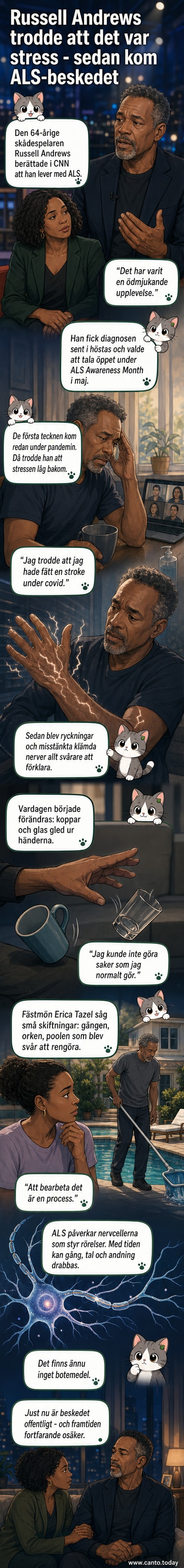 Porträtt av skådespelaren Russell Andrews i still från en tv-intervju, med allvarlig min och mjuk belysning.