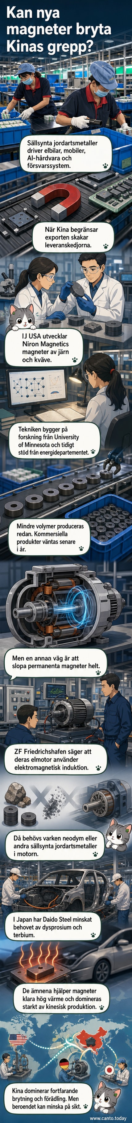 Illustration av en modern elmotor med text som visar hur ny teknik minskar behovet av sällsynta jordartsmetaller från Kina