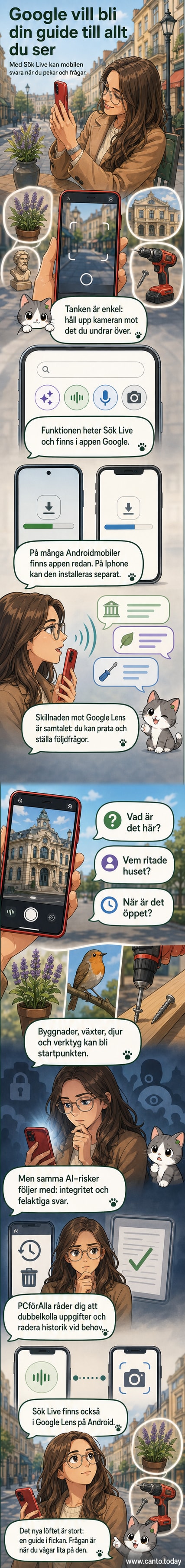 En mobiltelefon visar Google Sök Live där kameran riktar sig mot en byggnad, med text överst som visar AI:s svar på en fråga om arkitekturen.