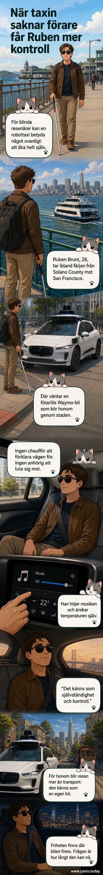 En person med vit käpp står bredvid en självkörande bil i en stadsmiljö. Illustrationen visar hur teknik möjliggör rörelsefrihet för synskadade.
