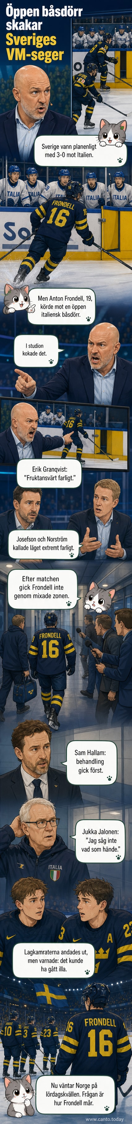 Illustration av hockeymatchen där en spelare kolliderar med en öppen båsdörr, med studioreaktion i bakgrunden.