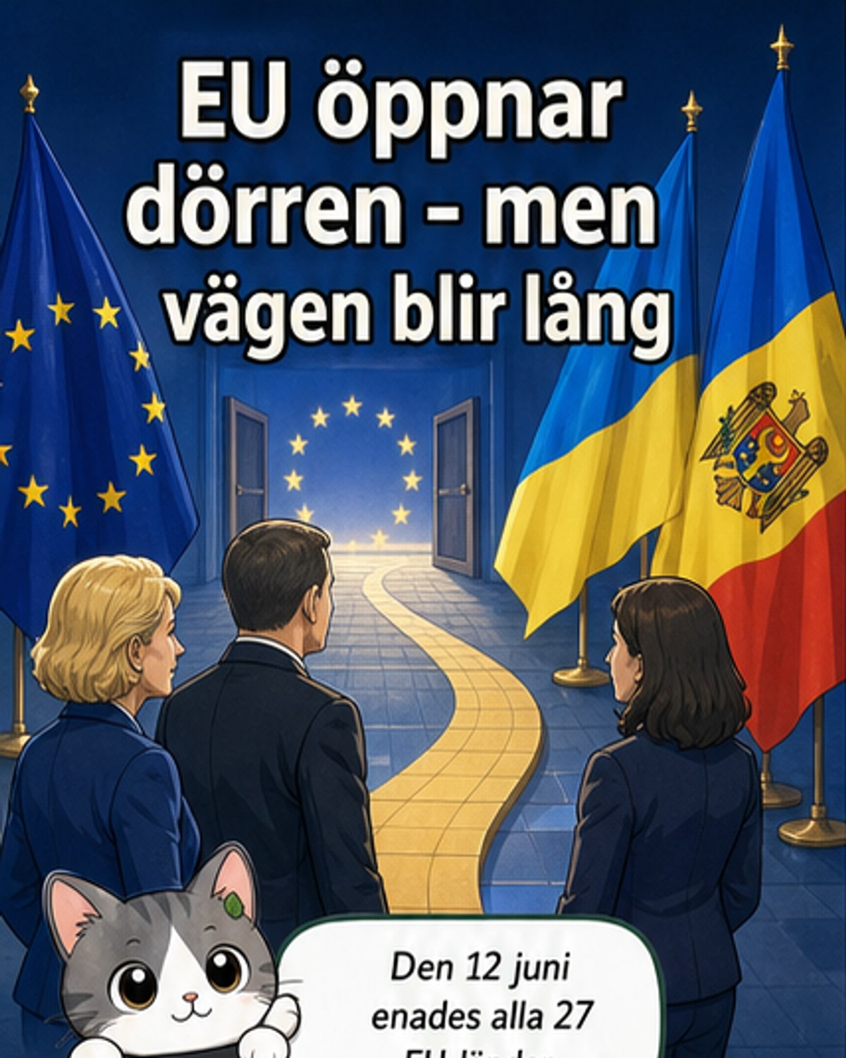 Karta över Europa med Ukraina och Moldavien markerade, omgiven av EU-flaggor och symboliska förhandlingsdokument.