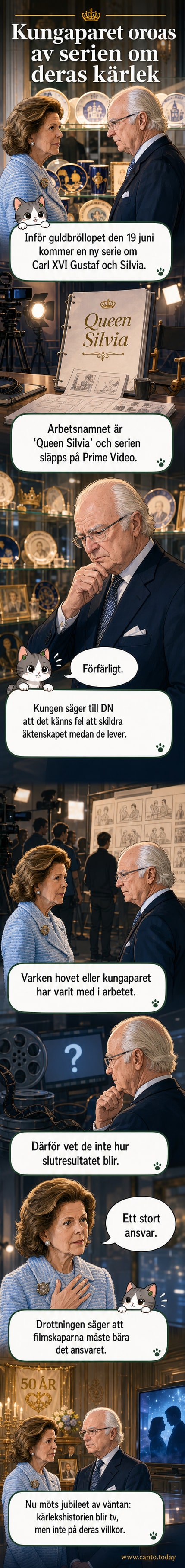 Illustration av kung Carl XVI Gustaf och drottning Silvia med bekymrade ansiktsuttryck, bakom dem en TV-skärm som visar en dramatiserad scen från deras liv.