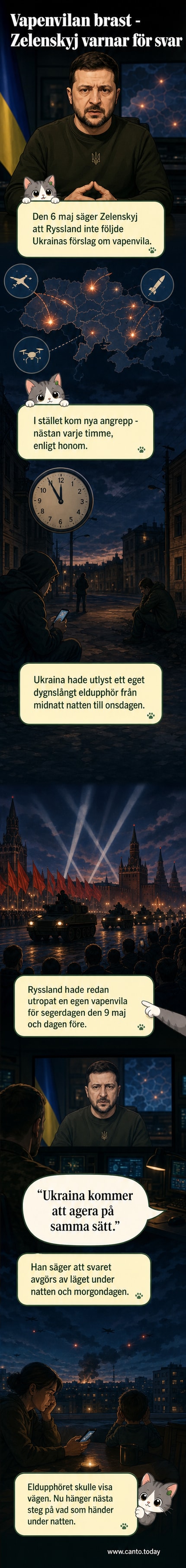 Illustration av Zelenskyj som talar i en videoinspelning med karta över Ukraina i bakgrunden, med symboler för explosioner och drönare.