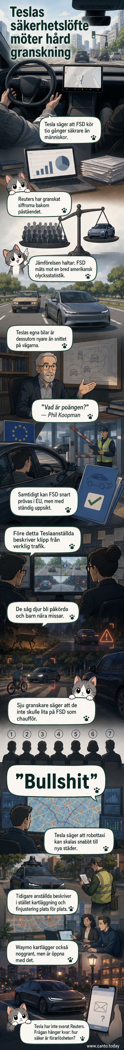 En Tesla i halvmörker på en landsväg, med en hjort precis innan kollision. Textlager visar 'FSD aktiverat' och en varning om säkerhetstvivel.