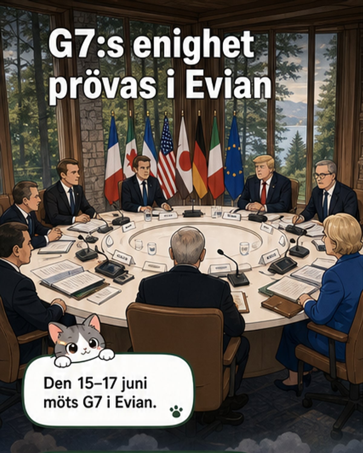G7-ledare samlade vid ett bord under ett toppmöte i Evian, med allvarliga miner och flaggor från medlemsländer i bakgrunden.
