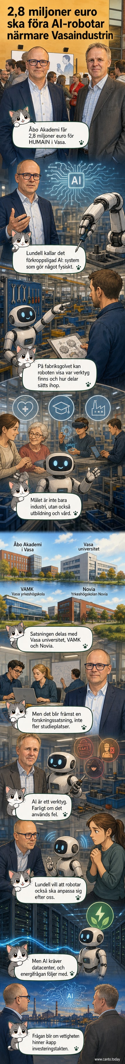 Forskare från Åbo Akademi i Vasa står tillsammans vid ett whiteboard med AI-relaterade diagram och diskuterar projektet HUMAIN.