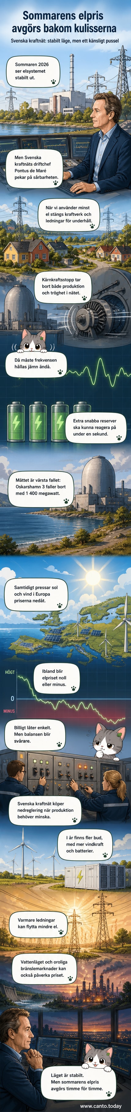 Illustration av Sveriges elnät med sol, vind och varma ledningar som påverkar elpriset under sommaren.