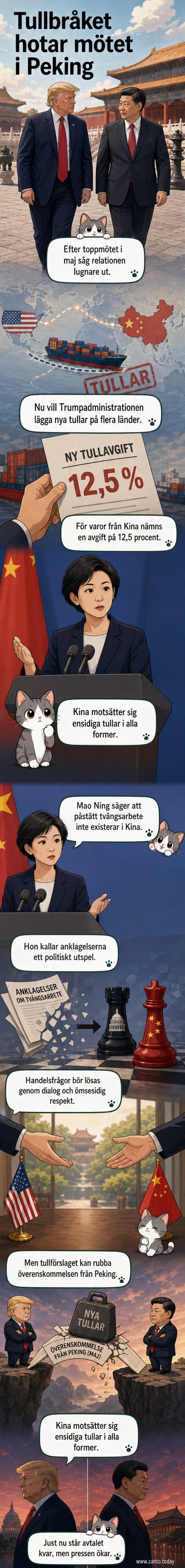 Illustration av Kinas och USA:s flaggor med tullavgiftsikon och diplomatiska symboler i bakgrunden.