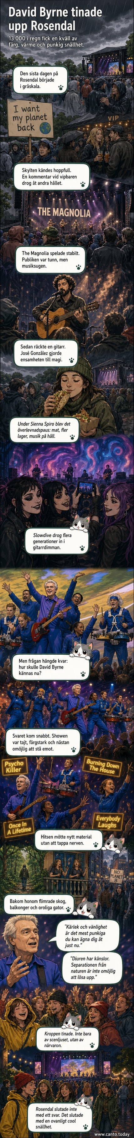 David Byrne på scen med färgglada kostymer och dansare under en kvällsframträdande på Rosendal Garden Party 2026.
