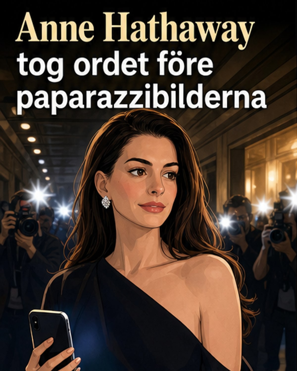 Anne Hathaway i vit klänning med handen på mage, står ute i solen med leende blick – ett still från hennes Instagram-video där hon avslöjar sin tredje graviditet.