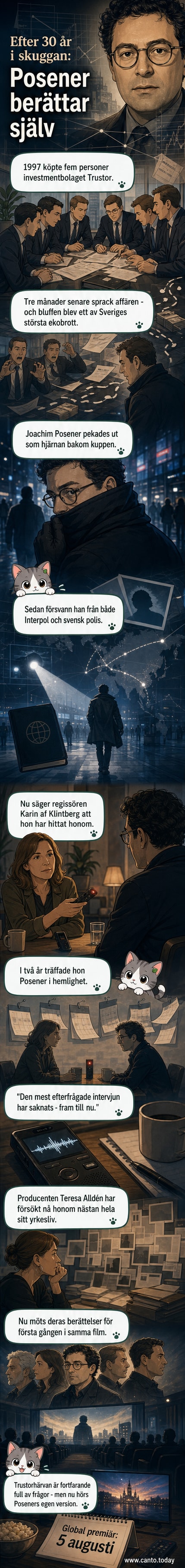 Joachim Posener ses i svartvitt i en dokumentärscen, med texten 'Trustorhärvan' ovanför. Bakgrunden visar en gammal affärskontor med papper och telefoner från 1990-talet.