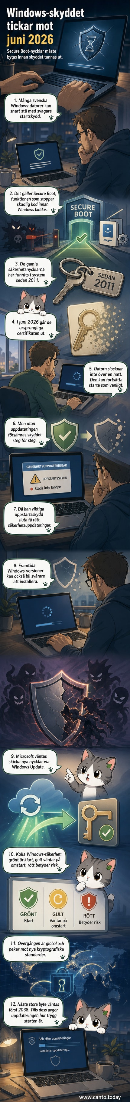 En datorskärm visar en varning om säkerhetsuppdatering med Microsofts logotyp och text om Secure Boot-certifikat som går ut.