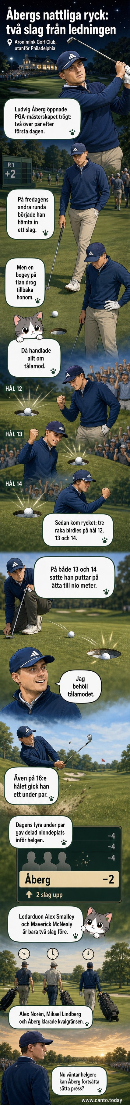 Ludvig Åberg står på banan med klubba i händerna, blicken fokuserad, under PGA-mästerskapet på Aroniminkbanan.