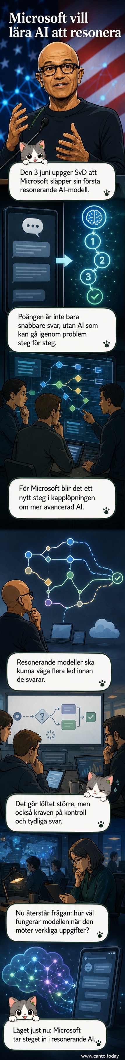 Illustration av en glänsande AI-hjärna som bryter ner en tankekedja i steg, med Microsoft-logotyp i bakgrunden.