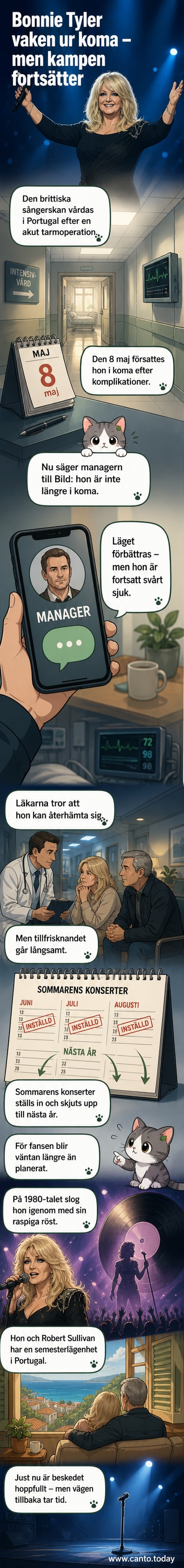 Sångerskan Bonnie Tyler står på scen med mikrofon, omgiven av ljus och publik.