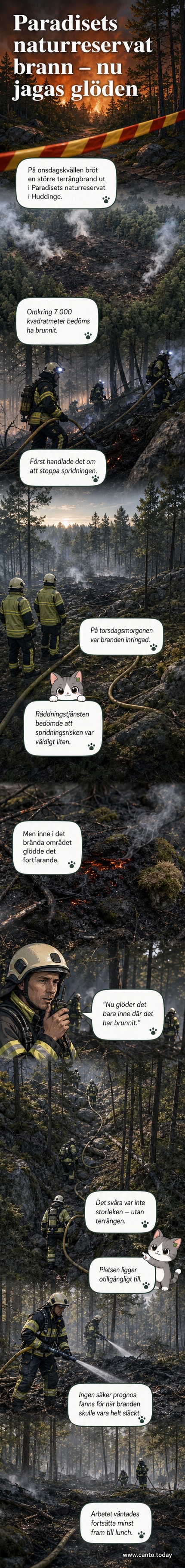 Skogsbrand i Paradisets naturreservat i Huddinge med rökande skogsmark och räddningspersonal som arbetar i bakgrund.