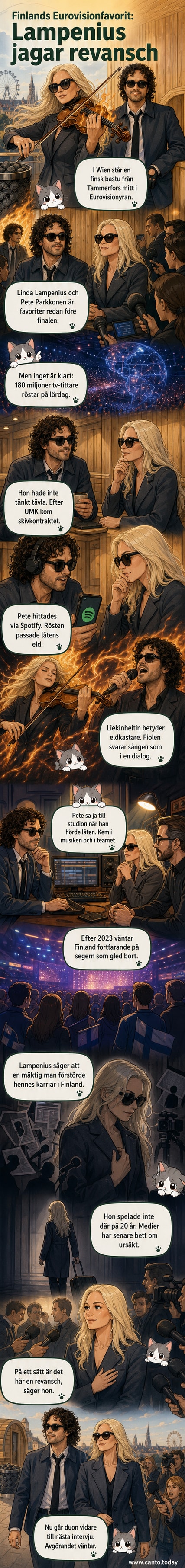 Linda Lampenius och Pete Parkkonen poserar tillsammans på Eurovision-festivalområdet i Wien, med finsk flagga i bakgrunden och en bastu från Tammerfors i närbild.