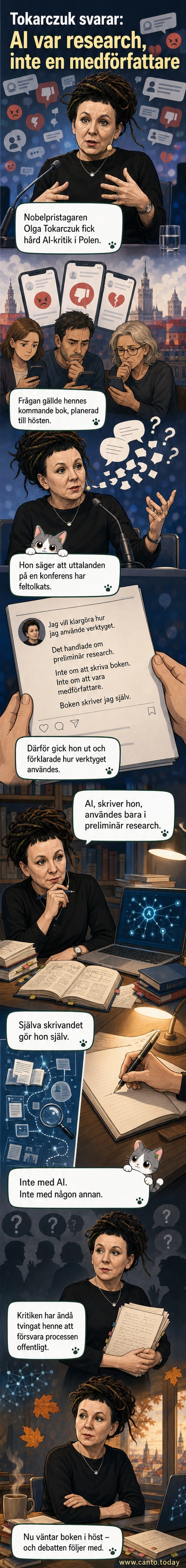 Illustration av författaren Olga Tokarczuk med en anteckningsbok och en svävande AI-ikon i bakgrunden, symboliserande gränsen mellan mänsklig kreativitet och tekniskt stöd.