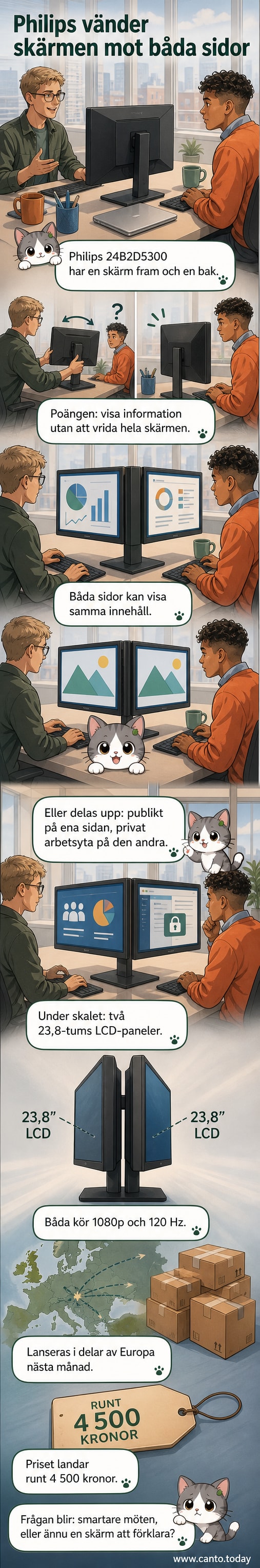 En slät, modern datorskärm från Philips med aktiv display på båda sidor, placerad på ett skrivbord med kontorsmiljö i bakgrunden.