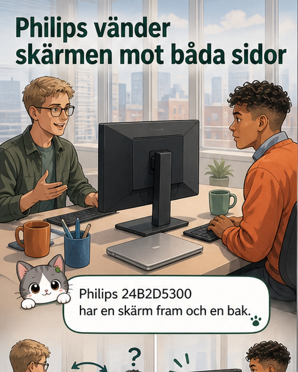 Datorskärm med skärm både fram och bak