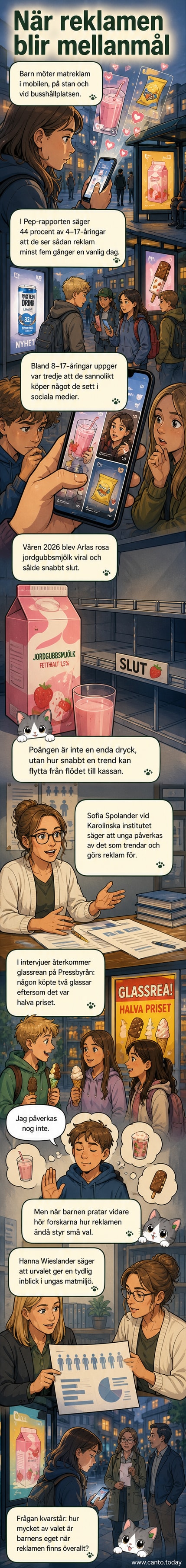 En grupp barn tittar på sina mobiler där skärmen visar reklam för godis, glass och rosa mjölk. En av dem håller i en flaska med jordgubbssmakad mjölk.