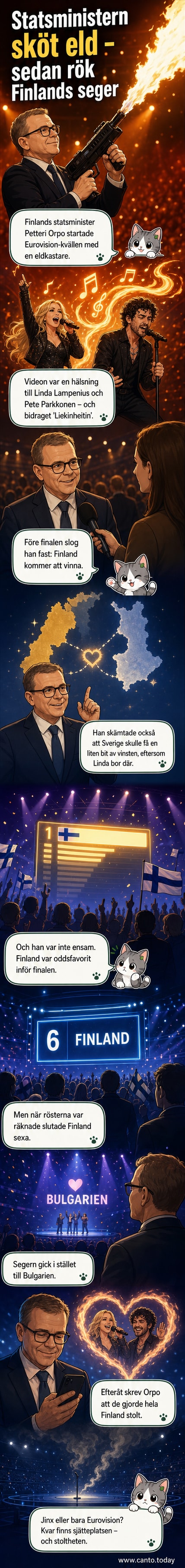 Finlands statsminister Petteri Orpo med en eldkastare i handen, firar inför Eurovision 2026.