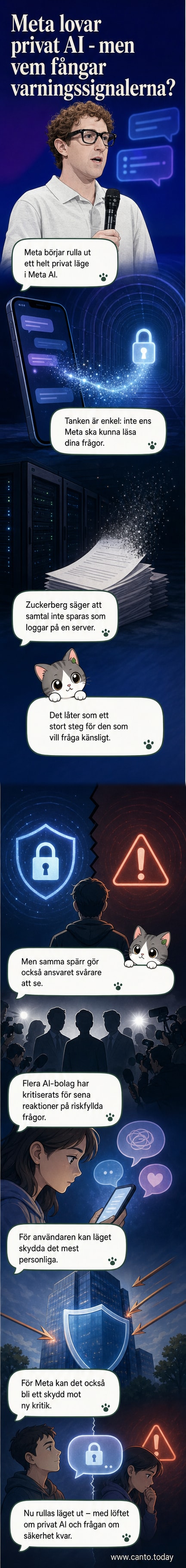 Illustration av en mobilskärm där Meta AI-chattboten visar ett låst chattruta med texten 'Helt privat läge aktiverat'.