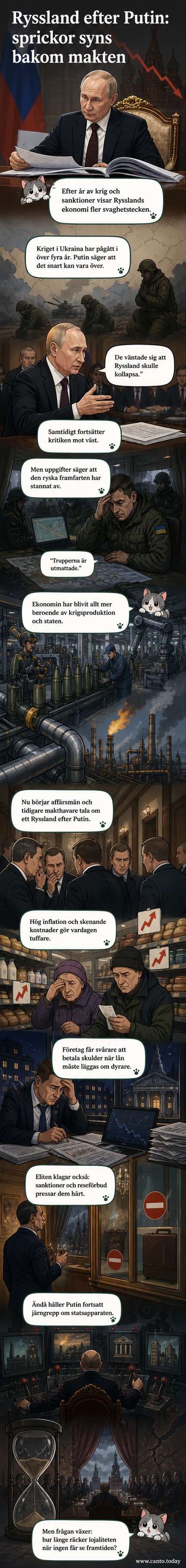 Illustration av en trött rysk soldat vid frontlinjen, med en svagande ekonomisk graf i bakgrunden och skuggor av makthavare som viskar i mörkret.