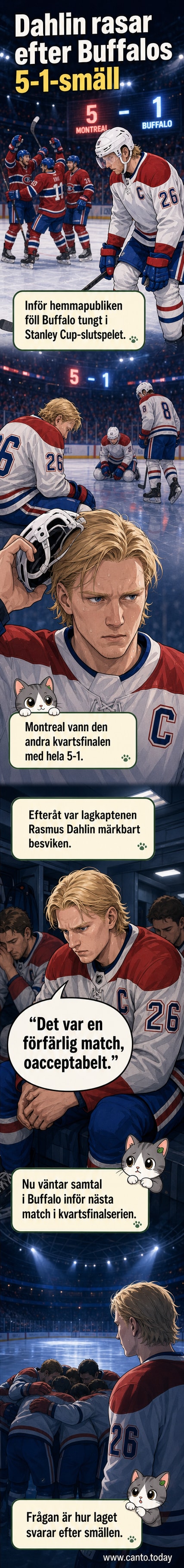 Rasmus Dahlin i Buffalo-tröja står frustrerad på isen efter en tung förlust mot Montreal i Stanley Cup-slutspelet.