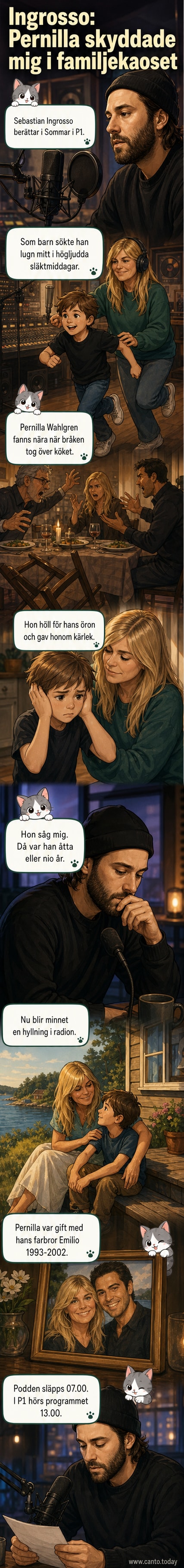 Illustration av Sebastian Ingrosso som barn, skyddad av Pernilla Wahlgren under en kaotisk familjemiddag med omkullkastade stolar i bakgrunden.