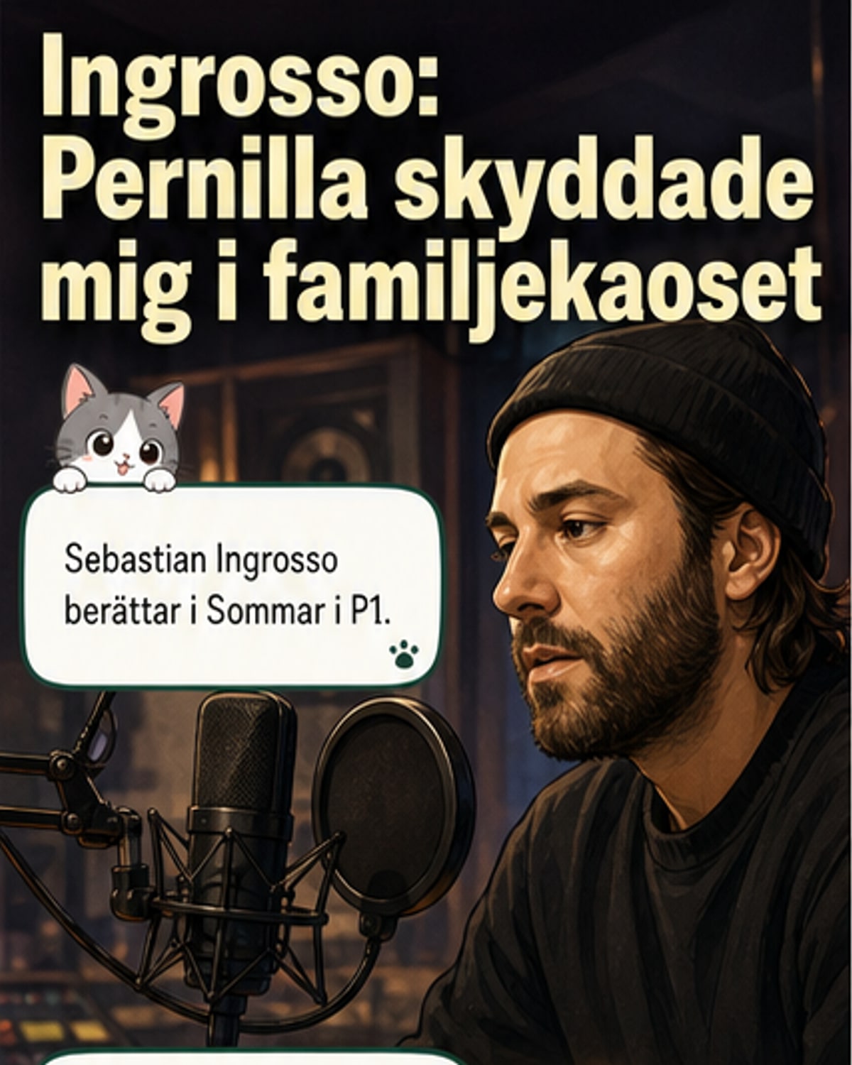 Illustration av Sebastian Ingrosso som barn, skyddad av Pernilla Wahlgren under en kaotisk familjemiddag med omkullkastade stolar i bakgrunden.
