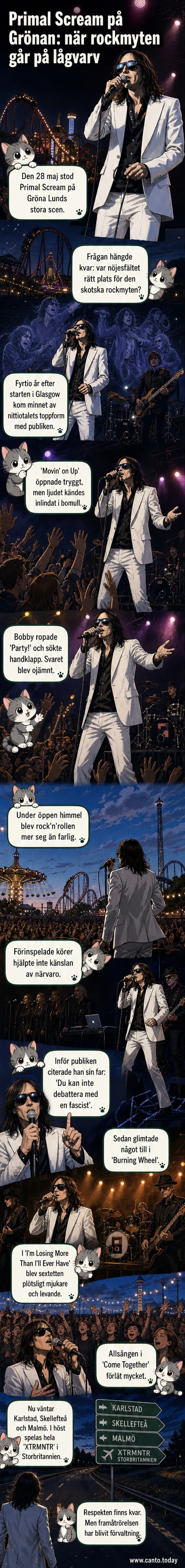 Primal Scream på scen på Gröna Lund under kvällen, med solnedgång och publik framför scenen.