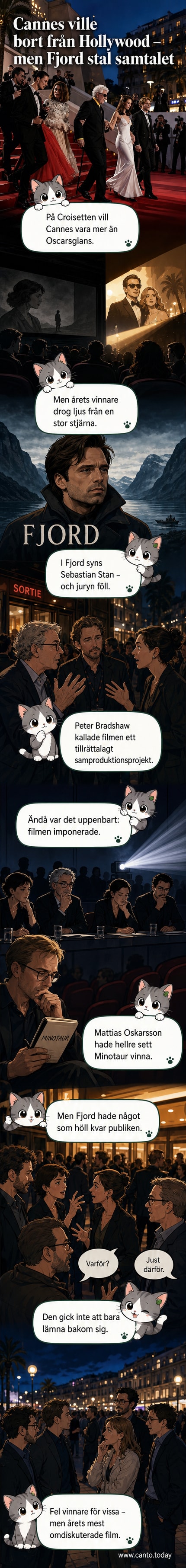 En filmplakat för 'Fjord' med mörk ton och silhuetter av skådespelare, omgiven av kritikers citat om osäkerhet kring priset.