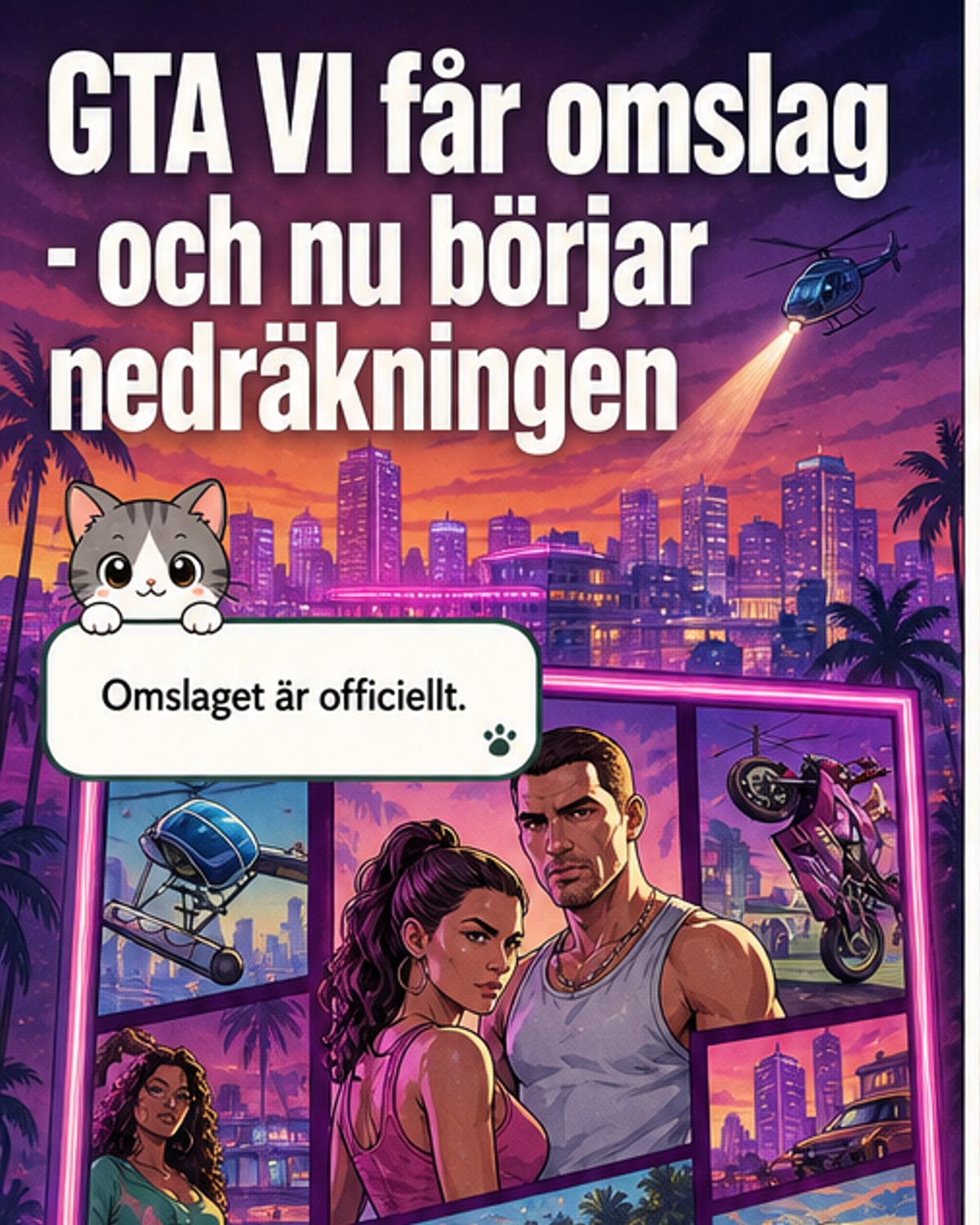 Det officiella omslaget för Grand Theft Auto VI visar en dramatisk scen i ett fiktivt Miami under kvällshimmel, med två konturerade figurer i centrum.